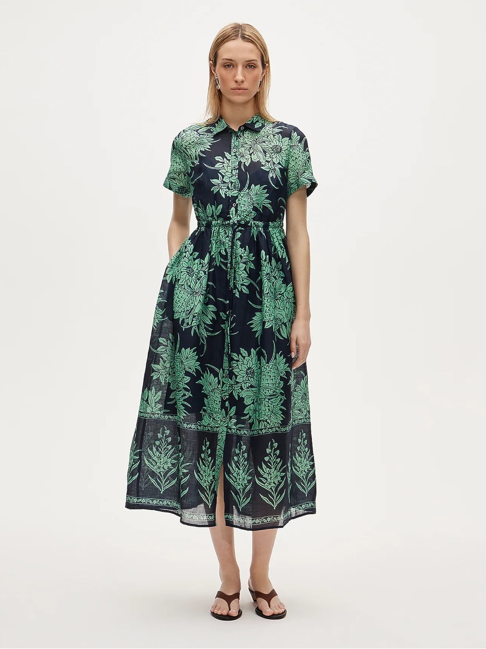 J. Crew Cerise Shirt Dress Size 4 Pineapple Garden Print Ramie Midi Short Sleeve